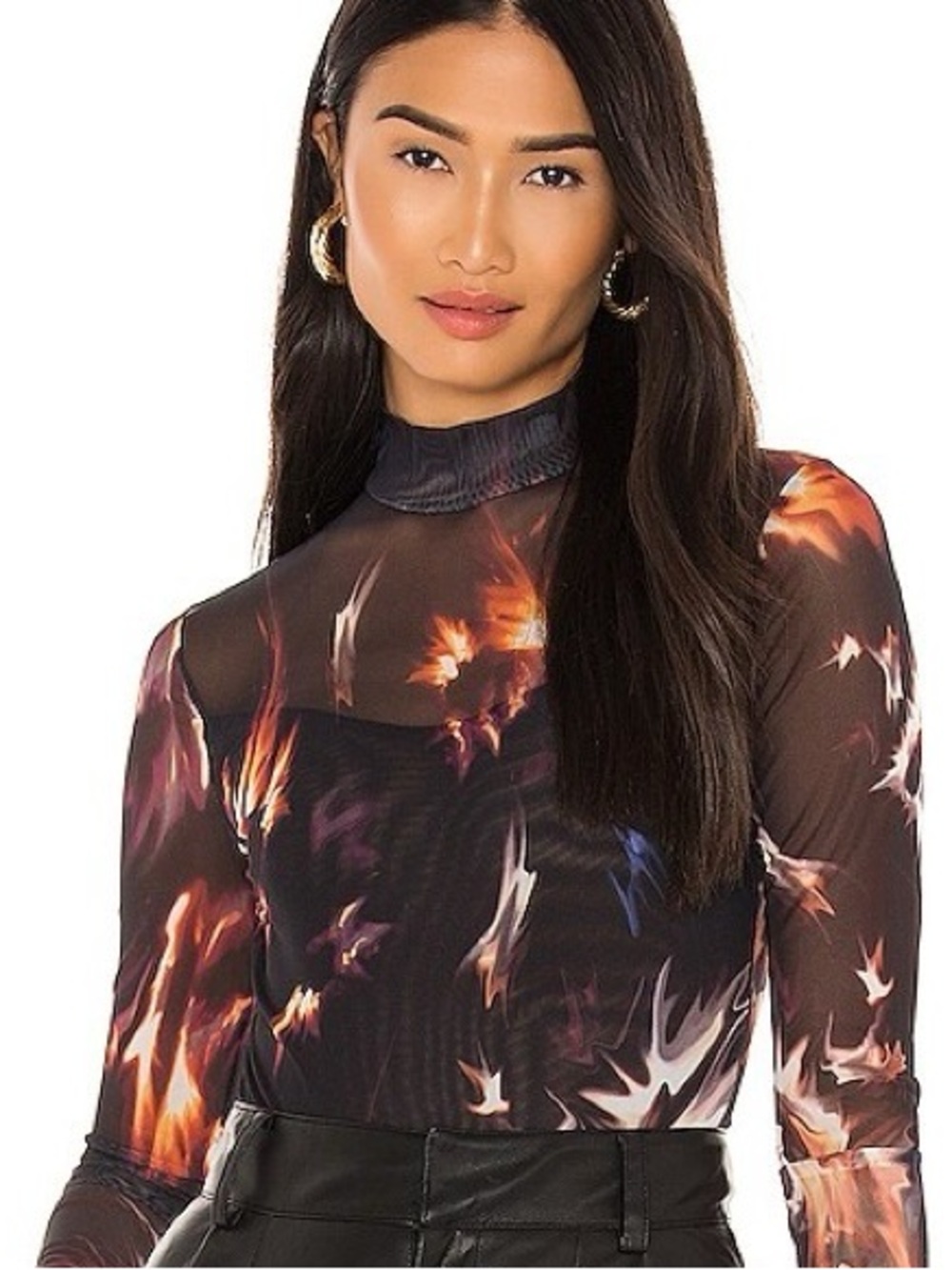 AllSaints Black Sheer Mock Neck Bodysuit with Flame-Print